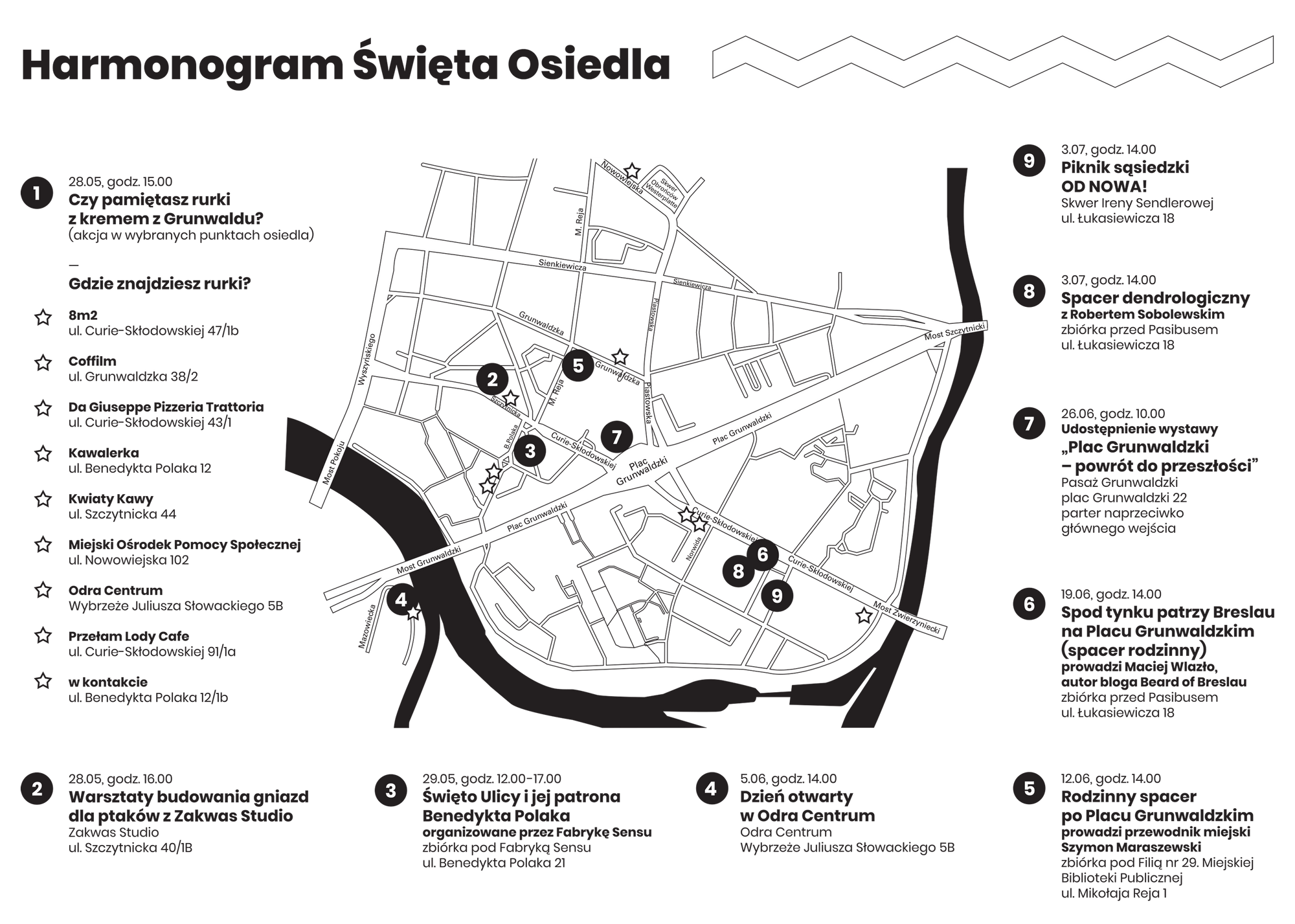 Czarno-biała mapa osiedla Plac Grunwaldzki z oznaczonymi lokacjami, poszczególnych wydarzeń Święta Osiedla.