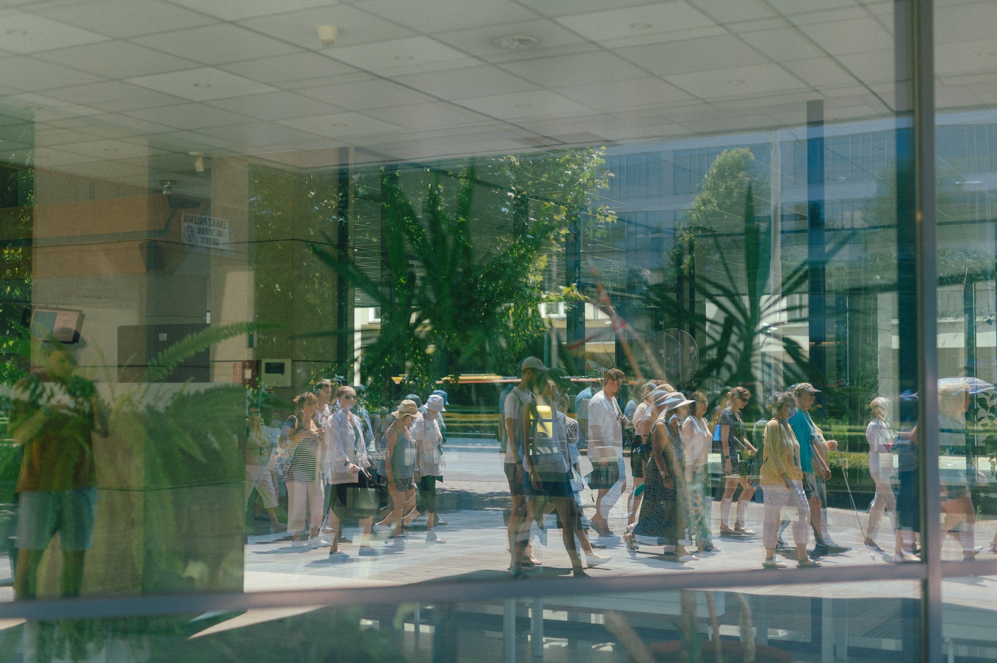 Kolorowa, pozioma fotografia. W szklanej witrynie niskiego budynku odbijają się, przechodzące obok osoby, biorące udział w spacerze po osiedlu.