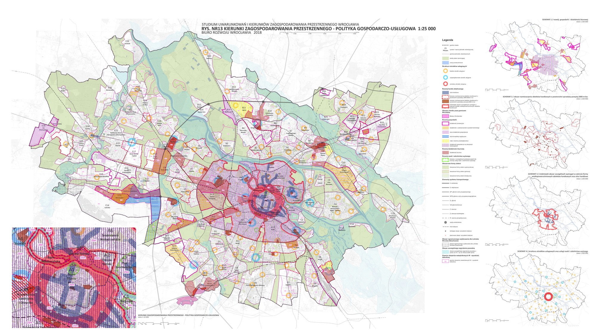 Rysunek przedstawia mapę Wrocławia z zaznaczeniem kierunków zagospodarowania.