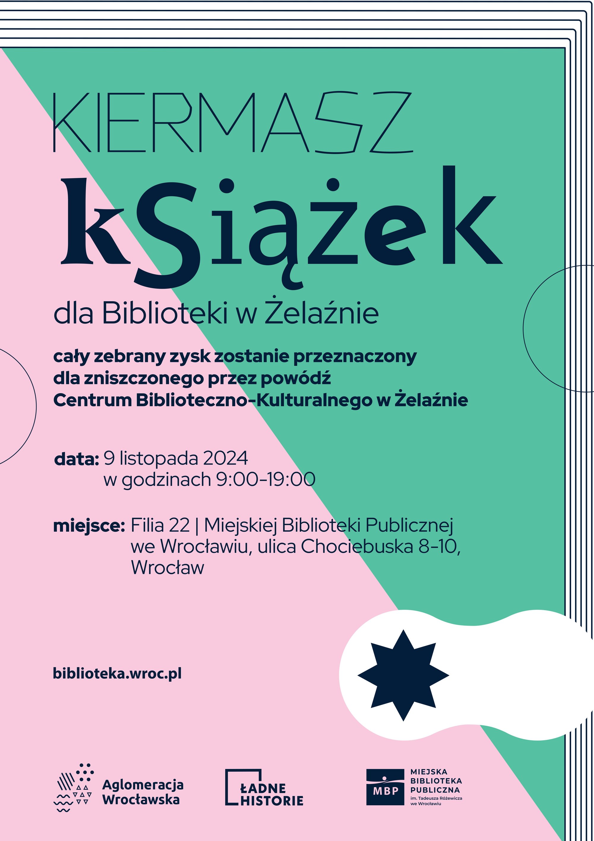 Kolorowy plakat. Na różowo-zielonym tle ciemne napisy: kiermasz książek dla biblioteki w Żelaźnie. Cały zebrany zysk zostanie przeznaczony dla zniszczonego przez powódź Centrum Biblioteczno-Kulturalnego w Żelaźnie. Data: 9 listopada 2024 w godzinach 9-19; miejsce: filia 22 miejskiej biblioteki publicznej we Wrocławiu, ul. Chociebuska 8-10.