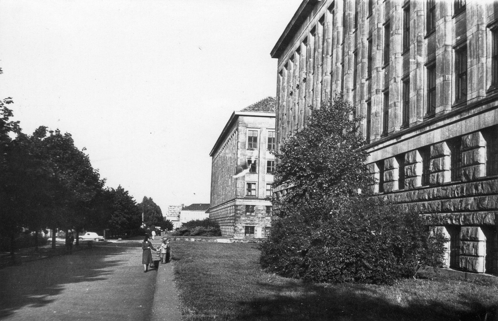 Archiwalna czarno-biała fotografia: widok na budynki Politechniki Wrocławskiej.