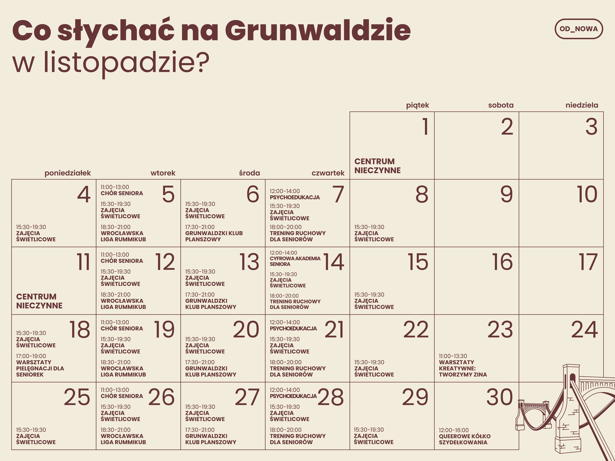 Kolorowa grafika: na beżowym tle brązowy napis: co słychać na Grunwaldzie w listopadzie? Poniżej kalendarz z rozpisanymi wydarzeniami.