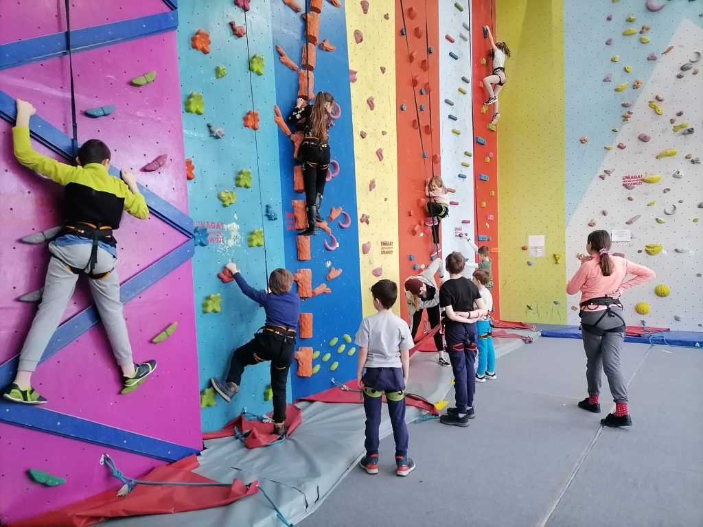 Kolorowa, pozioma fotografia: grupa dzieci w różnym wieku uczestniczy w zajęciach na ściance wspinaczkowej. Kilkoro wspina się w uprzężach, reszta obserwuje, czekając na swoją kolej. Kolorowa, pozioma fotografia: grupa dzieci w różnym wieku uczestniczy w zajęciach na ściance wspinaczkowej. Kilkoro wspina się w uprzężach, reszta obserwuje, czekając na swoją kolej.