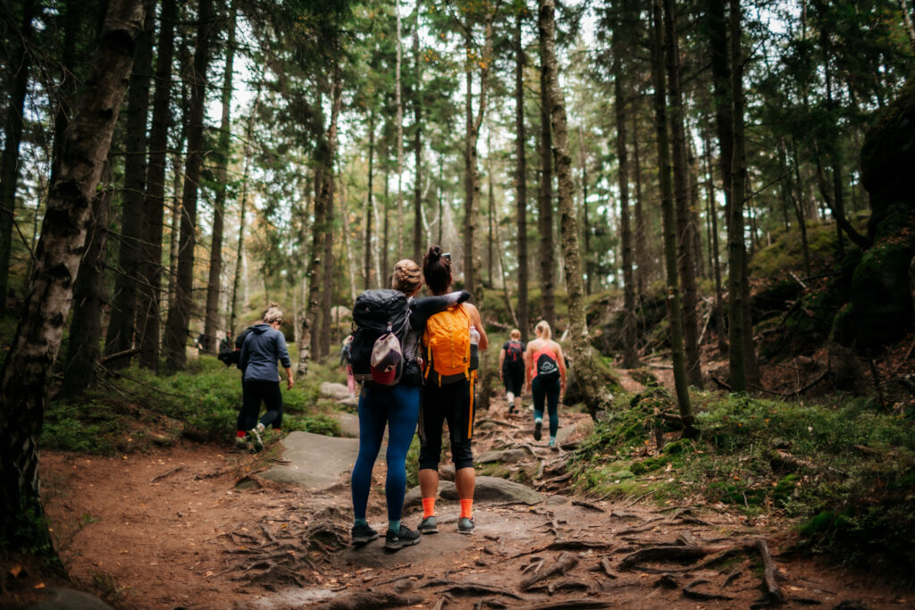 zdjęcie: Kalina Żaczek Kolorowa fotografia: grupa kobiet spaceruje górskim szlakiem przez las. Dwie z nich zatrzymały się i objęły. Zdjęcie zostało zrobione zza ich pleców.