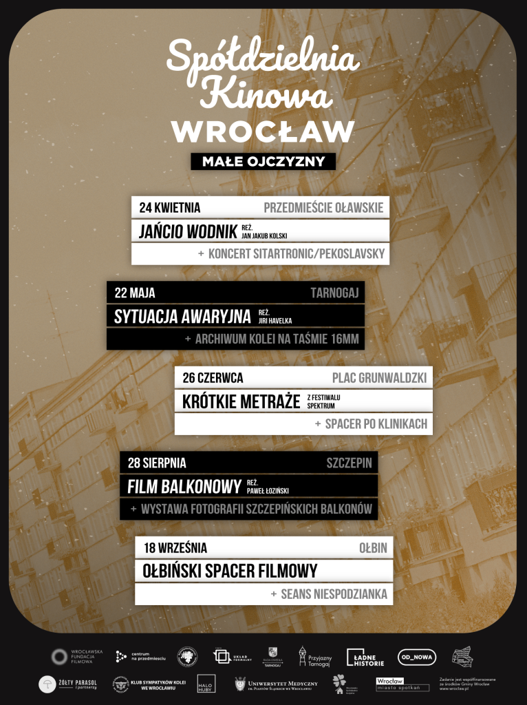 materiały organizatora Kolorowy plakat wydarzenia. U góry duży biały napis: spółdzielnia kinowa Wrocław. małe ojczyzny. Poniżej harmonogram pokazów. Na samym dole belka z logotypami organizatorów i partnerów.
