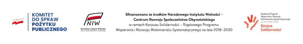 Pozioma grafika z logotypami Komitetu do Spraw Pożytku Publicznego, Narodowego Instytutu Wolności i korpusu Sprawiedliwości oraz zapisem o finansowaniu projektu: Sfinansowano ze środków Narodowego Instytutu Wolności – Centrum Rozwoju Społeczeństwa Obywatelskiego w ramach Korpusu Solidarności – Rządowego Programu Wspierania i Rozwoju Wolontariatu Długoterminowego na lata 2018-2030.
