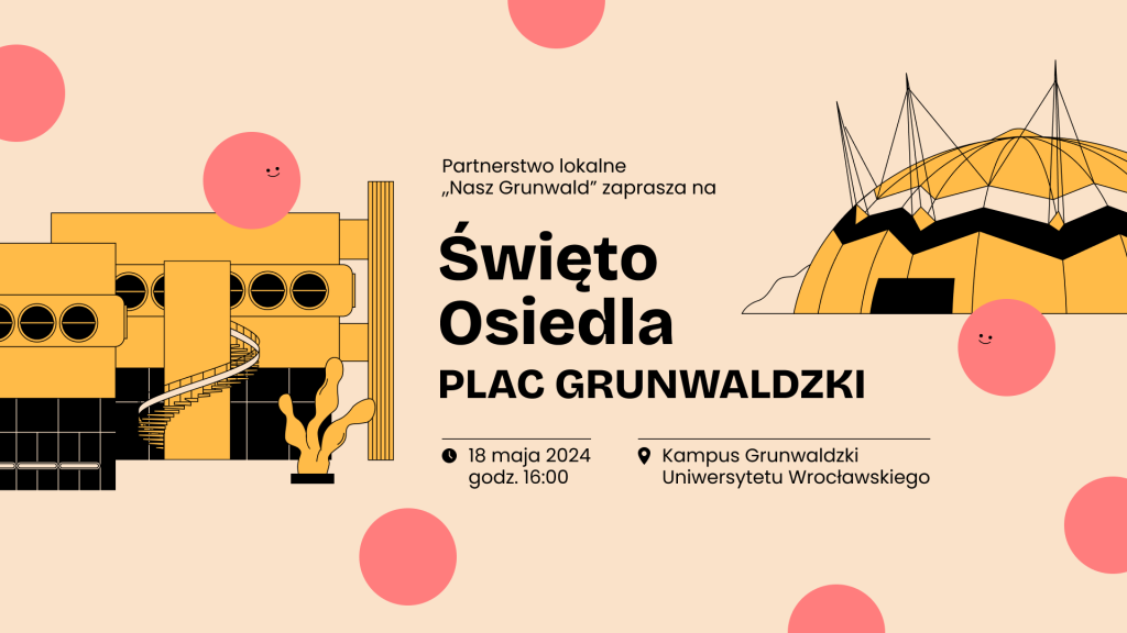 projekt graficzny: Aleksandra Abramik, Olczycja Kolorowa, pozioma grafika: na pomarańczowym tle żółte graficznie uproszczone wizerunki budynku Fandom oraz namiotu handlowego Goliat. Na środku czarny napis: partnerstwo nasz grunwald zaprasza na święto osiedla plac grunwaldzki. 18 maja 2024, godzina 16:00, kampus grunwaldzki uniwersytetu wrocłąwskiego.