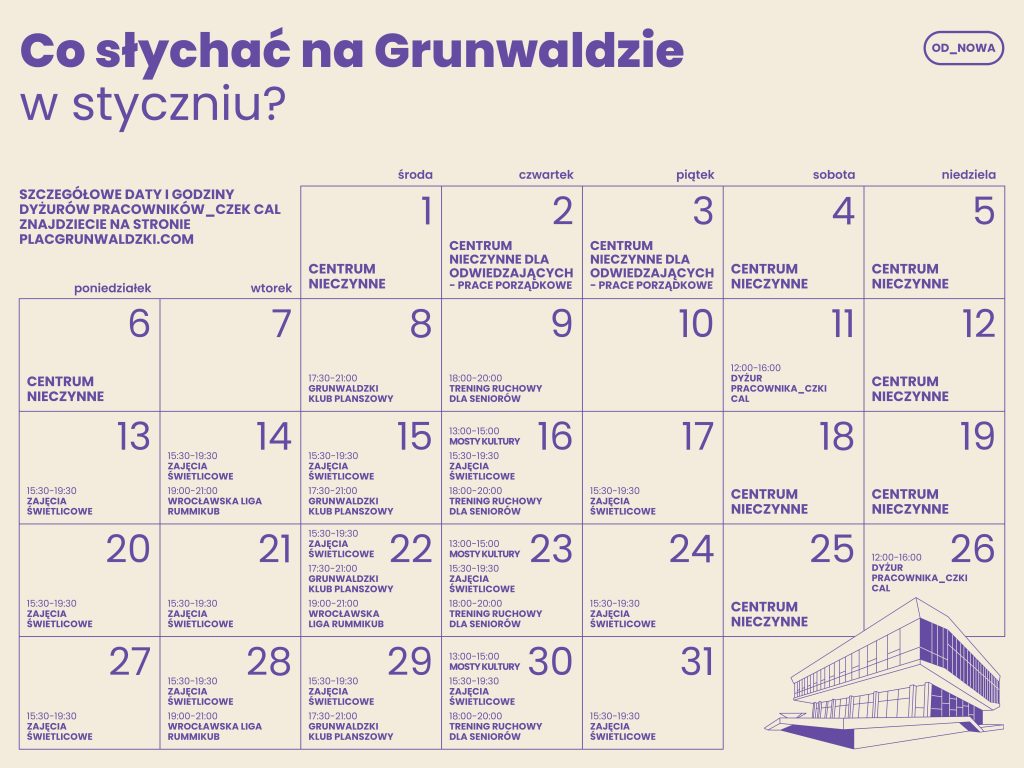 Kolorowa grafika: na beżowym tle fioletowy napis: co słychać na Grunwaldzie w grudniu? Poniżej kalendarz z rozpisanymi wydarzeniami.