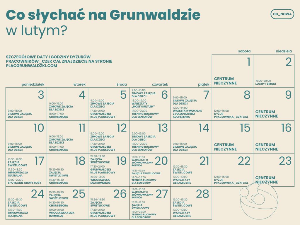 Kolorowa grafika: na beżowym tle zielony napis: co słychać na Grunwaldzie w grudniu? Poniżej kalendarz z rozpisanymi wydarzeniami.