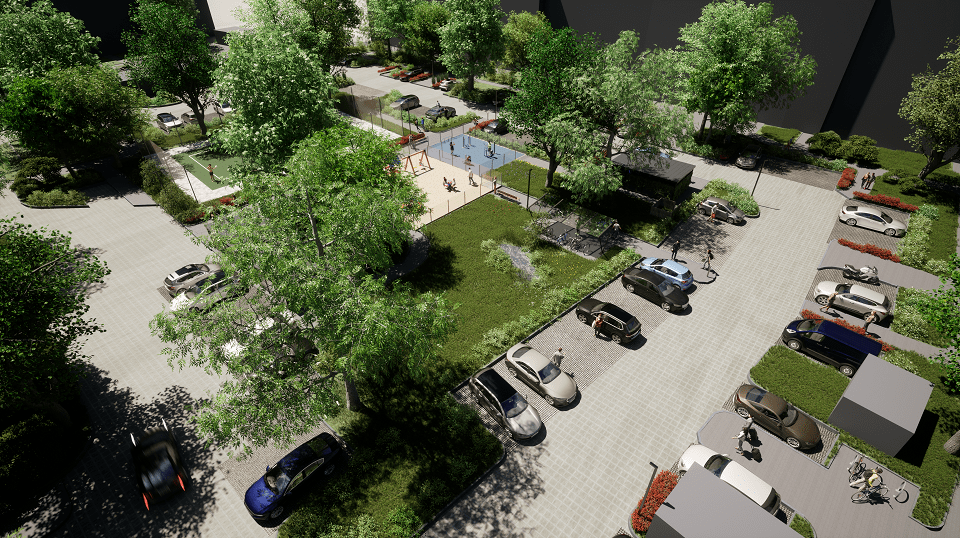 Źródło: Wrocławskie Mieszkania Wizualizacja podwórka: dużo zieleni, drzew, proste chodniki, równo zaparkowane samochody. Na środku podwórka plac zabaw i boisko.