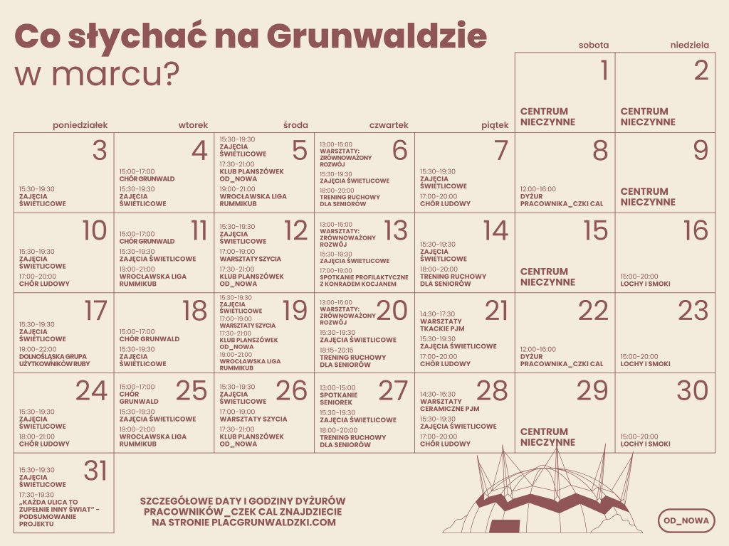 Kolorowa grafika: na beżowym tle brązowy napis: co słychać na Grunwaldzie w marcu? Poniżej kalendarz z rozpisanymi wydarzeniami.