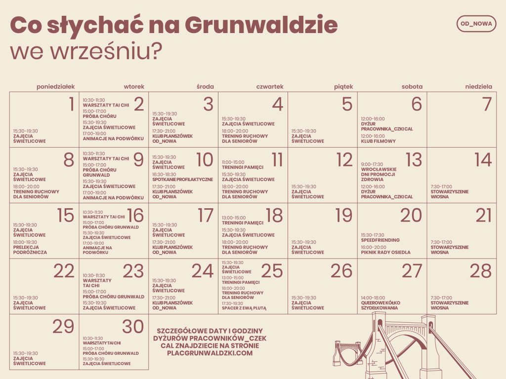 Kolorowa grafika: na beżowym tle brązowy napis: co słychać na Grunwaldzie we wrześniu? Poniżej kalendarz z rozpisanymi wydarzeniami.