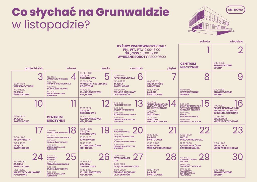 Kolorowa grafika: na beżowym tle fioletowy napis: co słychać na Grunwaldzie w listopadzie? Poniżej kalendarz z rozpisanymi wydarzeniami.