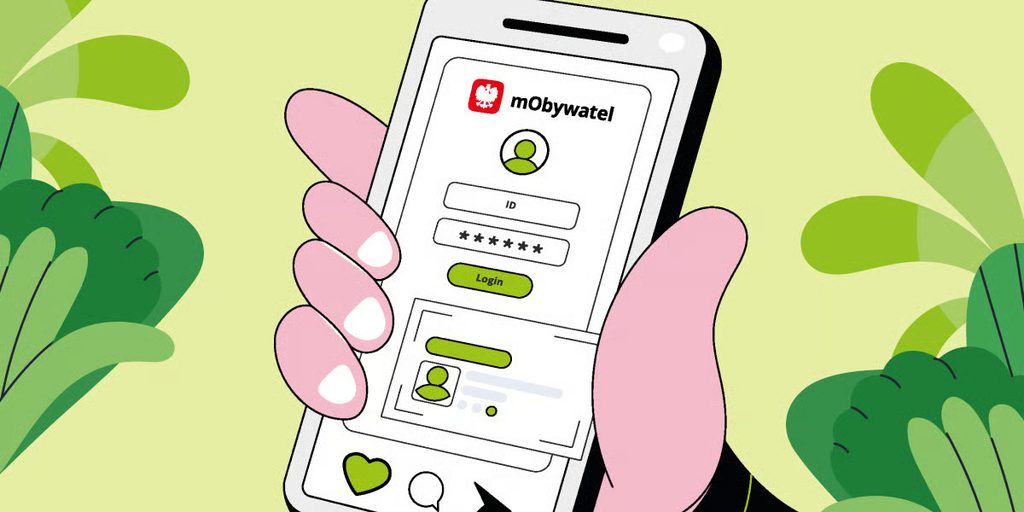 Kolorowa, pozioma grafika: Dłoń trzymająca smartfon z otwartą aplikacją mObywatel i formularzem logowania.